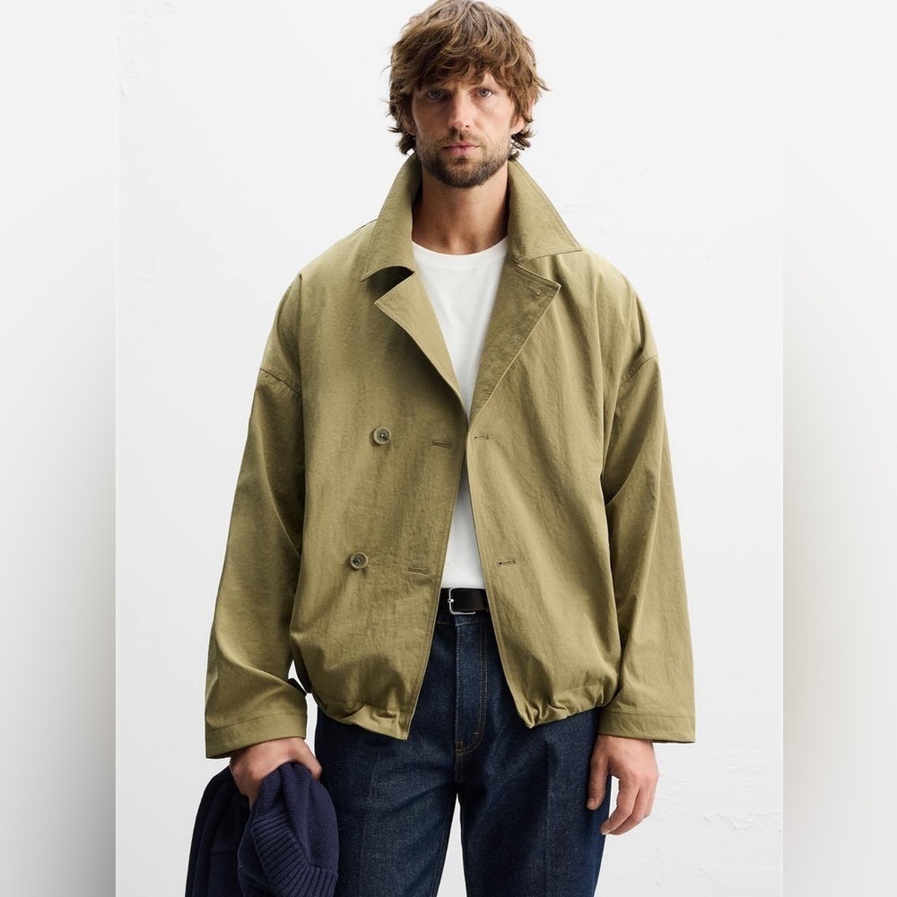 ZARA NWOT Men's Khaki Short Trench Coat Technical Fabric, Size XL